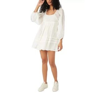 Free People Ari Smocked Crochet Off Shoulder Lined Peasant Mini Dress S
